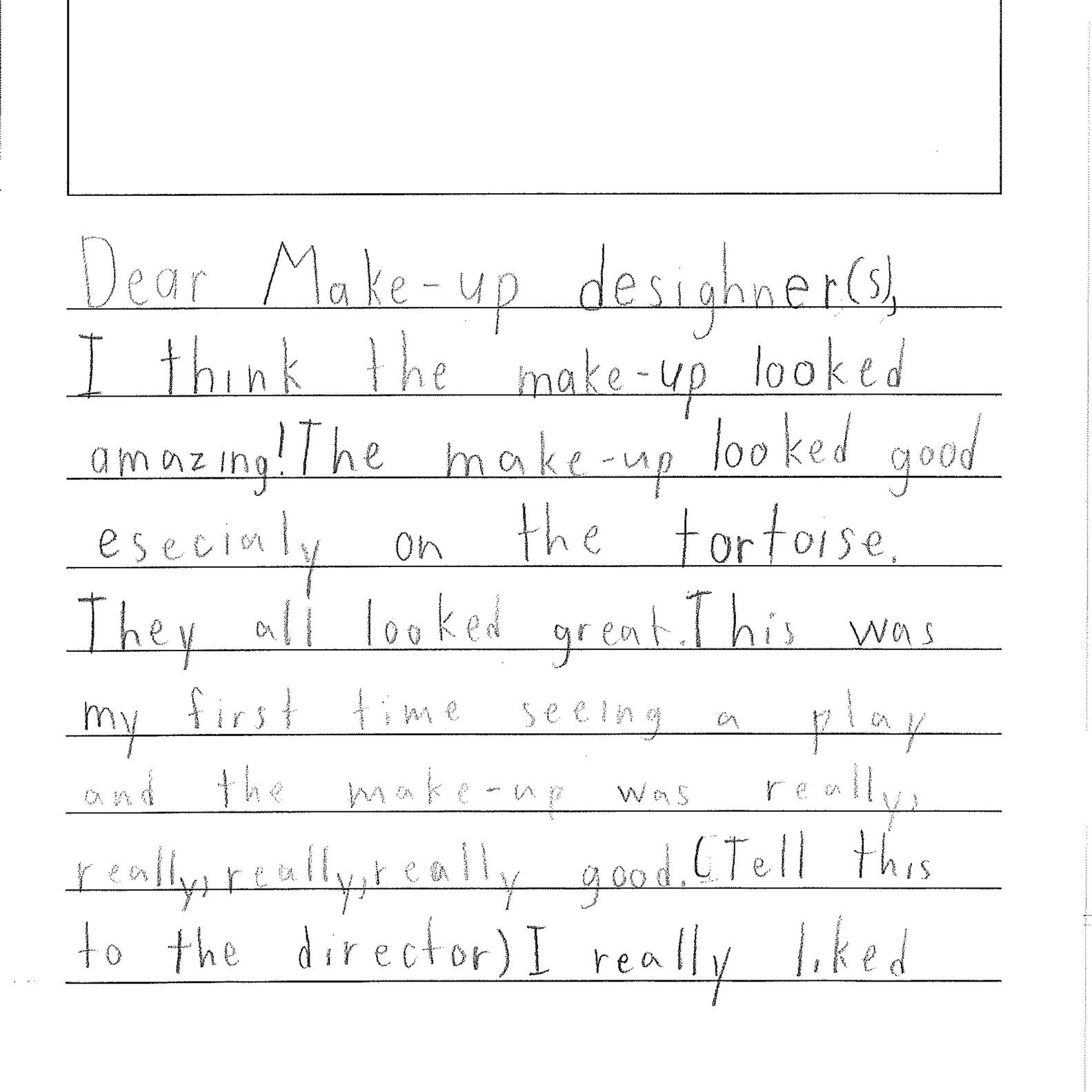 Review left by a local second grader of an IU South Bend Ernestine M. Raclin School of Arts Children's Theater Production. 