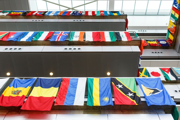 Flags from around the world create a vibrant international display in the atrium of IUPUI's Campus Center for the annual International Festival. Photo by Liz Kaye, Indiana University